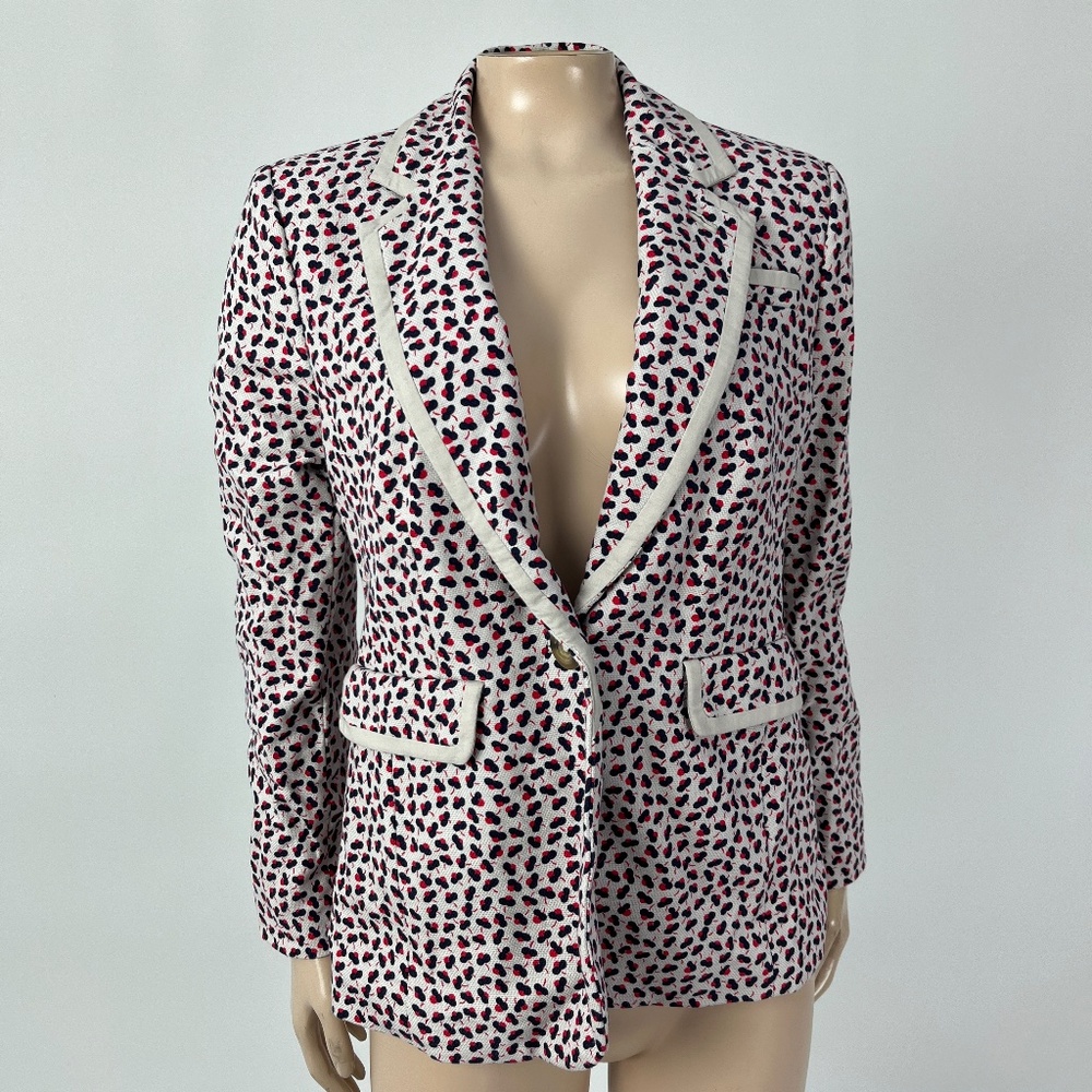 Boden Floral Blazer Jacket UK 10P US 6P cotton Blue Red One Button Career F3-19
